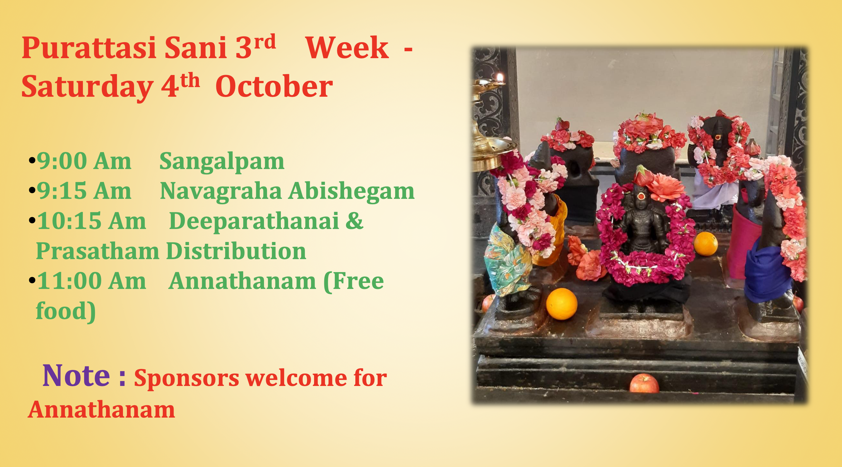 Sat 4th Oct – Purattasi Sani (3rd Week)